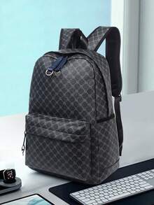 Men's High-End Plum Blossom Print Backpack, Geometric Pattern Retro Floral, Laptop Bag, PU Waterproof, Large Capacity For College Students, Business, Travel, Daily Use, Gift For Men (Suitable For Back To School Season) - Black - View 10