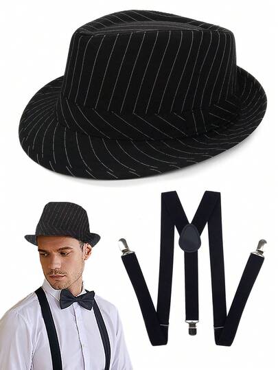 2Pcs Forever & Moment 1920s Gatsby Cosplay Accessories For Men Fedora Hat Suspenders For Cosplay Stage Plays Masquerade Balls 20s Retro Party Daily Wear