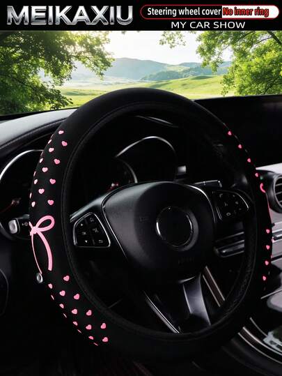 MEIKAXIU 1pc Soft Foam Heart & Bow Elastic Steering Wheel Cover, Comfortable Fit For 14.5-15 Inch Cars, Decorative Accessory For Women