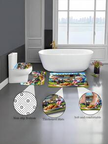 Bộ 4 món đồ dùng nhà tắm du lịch RV in hình, chống thấm nước, rèm tắm dày bằng polyester chống nấm mốc kèm 12 móc treo, thảm chống trượt, thảm hình chữ U và nắp bồn cầu tròn. - A - Xem 5