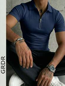 GRDR Men's Solid Color Short Sleeve Zipper Design Casual Versatile T-Shirt - Navy Blue - View 9