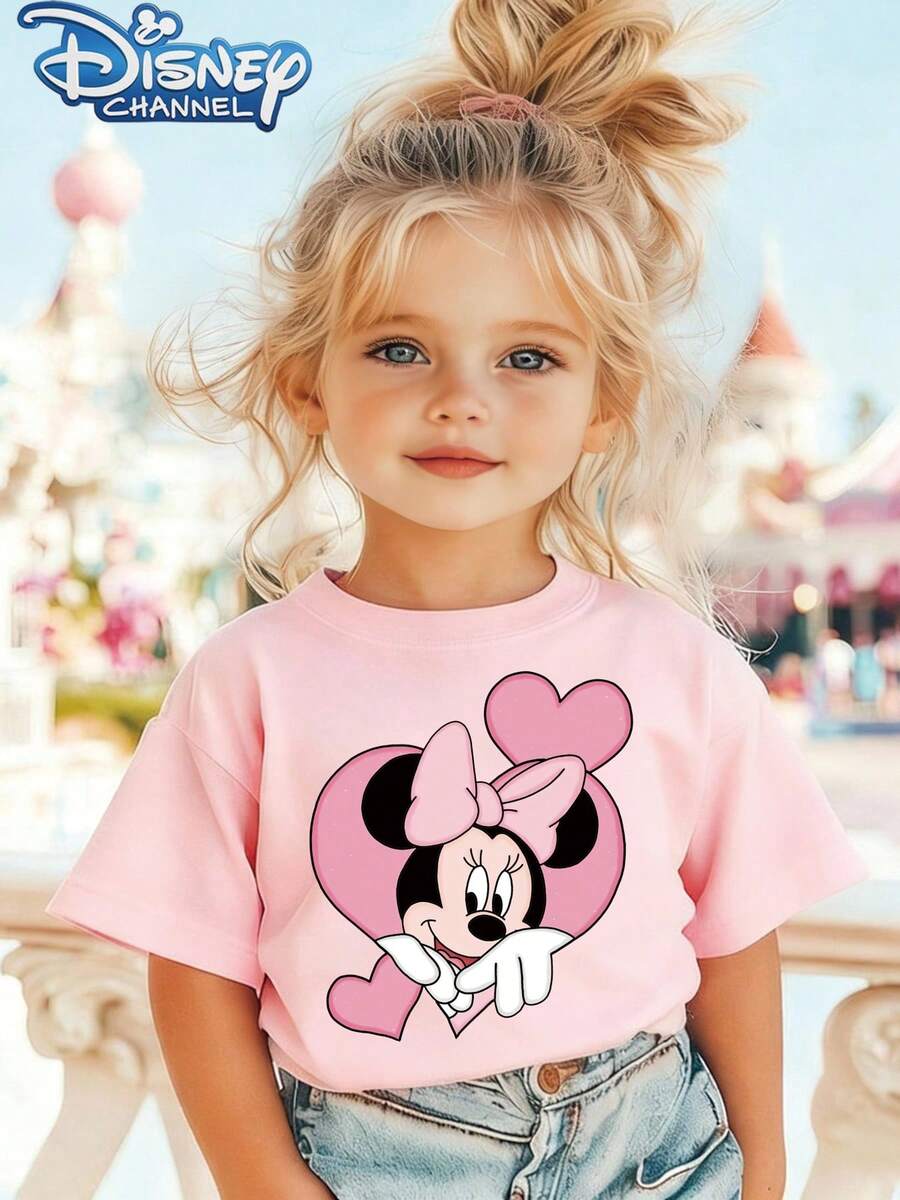 Minnie Mouse With Heart One Cute Disney Fresh And Fashionable Round Neck T Shirt For Girls Made Of 100 Cotton Is An Ideal Choice For Daily Wear Vacation Leisure Outdoor Exploration School Life And Shopping Trips It Is A Must Have Item For Summer It Is Also An Excellent Gift For The Same Boy And Girl Every Child Deserves One - Pink - View 1