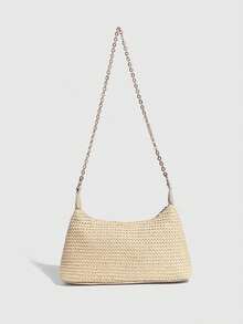 New Fashion Chain Straw Woven Bag, Bohemian Style Braided Baguette Shoulder Bag Suitable For Casual, Holiday, Shopping, Straw Bag - Beige - View 5