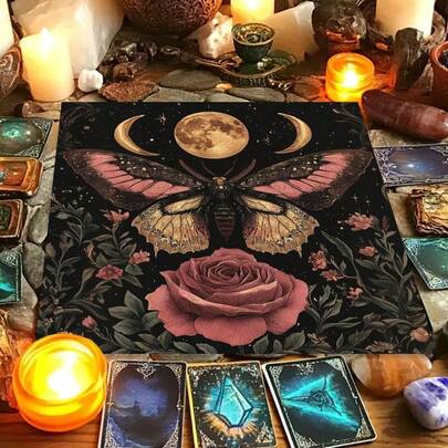 1件神秘飞蛾塔罗占卜垫桌布，黑色粉色花卉星月图案，用于塔罗牌占卜和神谕卡解读的仪式用布
