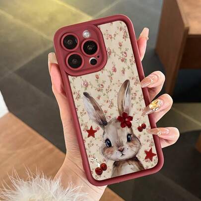Watercolor Rabbit & Vintage Floral Cherry Print Phone Case, Suitable For IPhone 16 Pro Max, XR, 11, 12 PM, 13 Pro, 14, 15 Plus, 15 Pro Max, 17 Air, Birthday Gift, Gift For Family And Friends