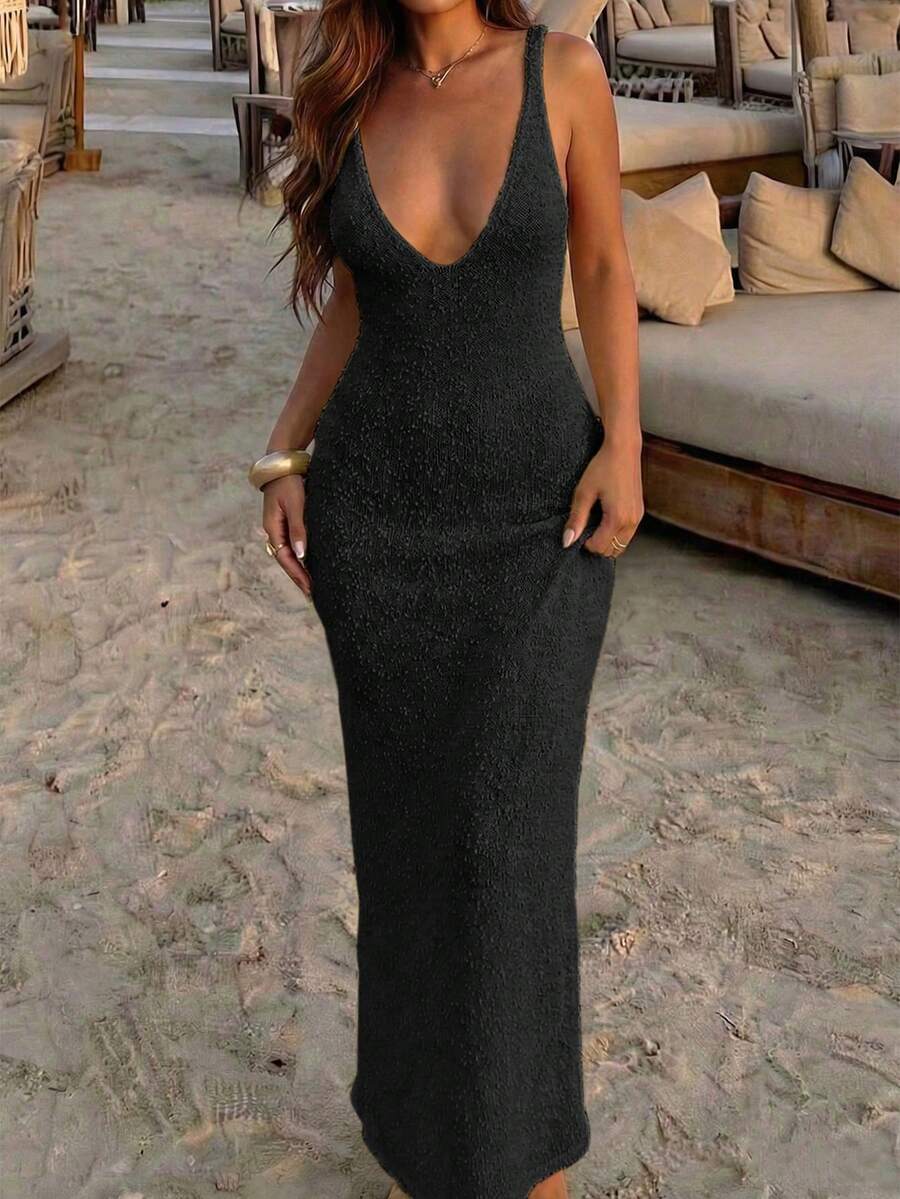 Vestido longo de tricô com decote em V profundo e costas nuas, de ajuste slim, em cor sólida, para mulheres, na primavera/verão, com alta elasticidade, simples e elegante, em estilo europeu e americano minimalista, regata de tricô, para uso diário e férias na praia, na cor preta - Preto - Visão 1