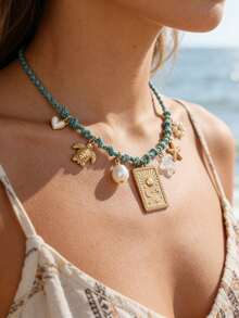 1件手工编织海龟、海星、珍珠和水晶不对称吊坠项链，波西米亚海滩风格 - 薄荷藍 - 查看 1