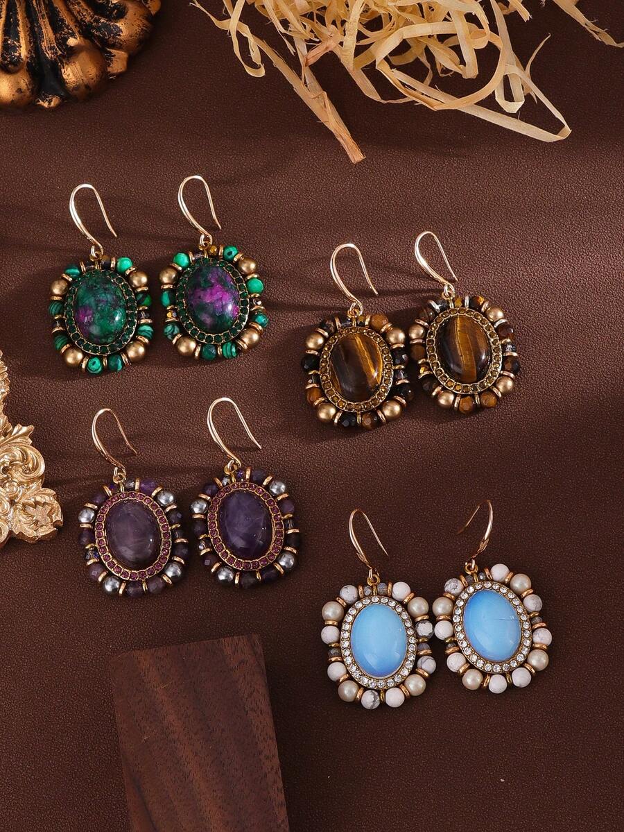 1 Đôi bông tai đá tự nhiên hình bầu dục kiểu cổ điển, bông tai thời trang đa năng phù hợp để đeo hàng ngày. - hình trái xoan - Xem 1