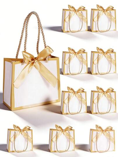 10 PIEZAS/1 PIEZA Bolsas de regalo pequeñas con asas, bolsa mini blanca, 5.5x 2.5x4.7 pulgadas, bolsas de regalo pequeñas a granel con cinta para obsequios de fiesta, Día de la Madre, regalos, bodas, baby shower (blanco y dorado)