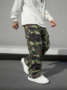 1 pièce Pantalon cargo droit à jambes larges et décontracté avec motif camouflage et plusieurs poches, polyvalent pour les adolescents/garçons, convient pour le printemps/l'été/l'automne/l'hiver - Multicolore - Voir 1