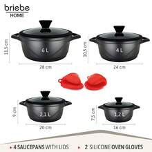 Batería de Cocina Inducción 8 Piezas, ✅Envíos 24/48h✅Aluminio Fundido 4 Ollas con Tapa de Cristal Antiadherente, Briebe, MGK12S, 16-20-24-28 cm, Negro - Negro - Ver 4