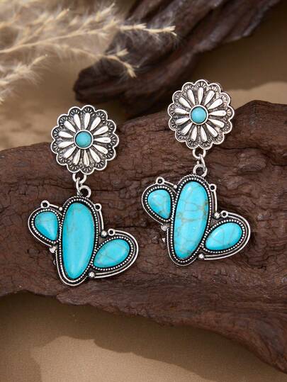 LUMIDIYA 复古西部不规则绿松石仙人掌耳环，波西米亚风雕刻女士耳环，适合在各种场合佩戴，例如节日和派对，女士配饰，女士礼物