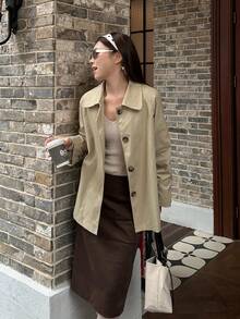 Women's Spring/Autumn Woven Raglan Sleeve Windbreaker, Front Button Closure, With Pockets, Casual Jacket - Khaki - View 7