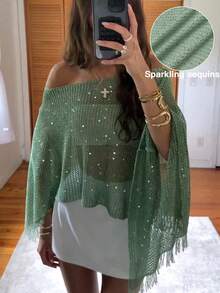 Vestido de playa casual con hombros descubiertos, con flecos y lentejuelas, para vacaciones y verano - Verde - Ver 1