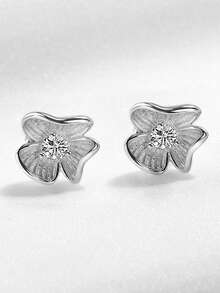 Dainty Flower CZ Stud Earrings Silver Tone Minimalist Jewelry For Women - Silver - View 5