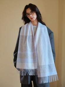 1条100%羊毛蓝色格子围巾，女士高品质冬季披肩，新款防寒保暖围脖，生日礼物 - 藍色 - 查看 9