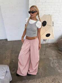 Pantaloni palazzo larghi da donna, con decorazione plissettata, casual per uso quotidiano, in tessuto leggero e tessuto, adatti per l estate e la primavera - Rosa antico - Visualizzare 3