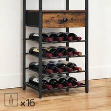 Weinregal für 16 Flaschen, Flaschenregal Holz mit 6 Etagen, Weinständer mit Schublade, Weinschrank, Weinflaschenhalter mit Glashalter 40 x 30 x 102 cm, Flaschen Organizer - Braun - Übersicht 4