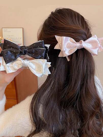 1/2/3pcs Korean Cute Satin Polka Dot Bow Banana Hair Clips, Girly Half-Up Claws Hair Accessories