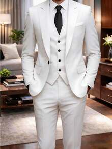 Men's Slim Fit White 3pcs Suit Notch Lapel Formal Suit Set Blazer Vest Pants For Wedding Guest Graduation Party - Sky Blue - View 3
