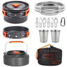 15pcs Camping Cookware Mess Kit,Portable Non-Stick Aluminum Alloy Cookware,Kettle Pot Frying Pan Plates Forks Knives Spoons For Camping, Backpacking, Outdoor Cooking - Orange - View 8