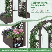 Árbol de jardín de madera con cajas de plantador y columpio, 65 pulgadas al aire libre arco rejilla con pérgola para plantas de escalada uvas - Decoración del patio trasero, fiesta, bodas - Marrón oscuro - Ver 4