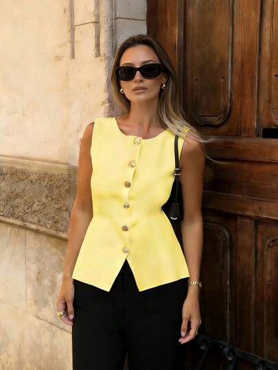 Chaqueta de trabajo de estilo vintage elegante y de moda, con botones metálicos, de unicolor, sin mangas, cuello redondo, estilo minimalista y casual, chaleco de punto de verano para mujer