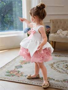 Đầm công chúa thanh lịch, dễ thương với dây đeo nơ cho bé gái, thích hợp cho sinh nhật đầu tiên, đám cưới, tiệc tùng, các dịp lễ hội của bé gái. - trắng - Xem 4