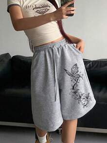 女士蝴蝶印花百搭休闲短裤 夏季 - 淺灰色 - 查看 2