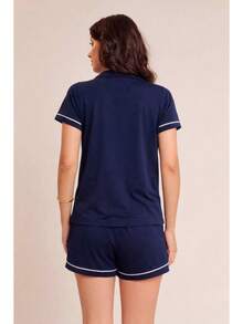 Women's American Summer Pajamas, 100% Cotton, Lightweight, Comfortable, High Durability - Navy Blue - View 3