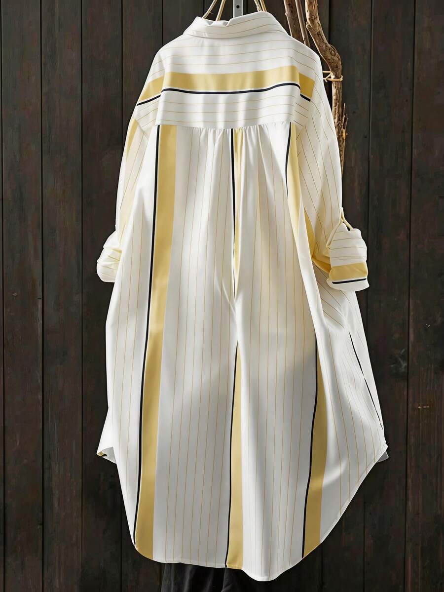 Women's Fashion Striped Button-Front Long Sleeve Long Blouse Shirt, With Shirt Collar - Yellow - View 1