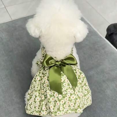 一件绿色和粉色雏菊印花蕾丝吊带宠物连衣裙，甜美公主风，轻盈棉混纺面料，喇叭裙摆设计，饰有荷叶边吊带和大型缎带蝴蝶结，透气舒适，适合猫咪和小型犬穿着，春夏日常穿着、拍照和节日送礼皆宜。