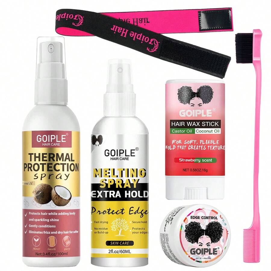 头发热保护套装 持久造型蜡棒 防毛躁定型啫喱 隐形假发粘合剂 融化喷雾 自然假发护发素 - G-100ml-60ml-30g-16g-6pcs - 查看 1