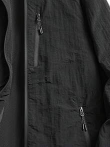 1pc Men's Black Pleated Textured Stand Collar Multi-Zipper Jacket, Lightweight Durable Nylon Fabric, Machine Washable & Dryable, Minimalist Casual Old Money Style Outerwear, Suitable For Daily Commute And Leisure Wear - Black - View 5