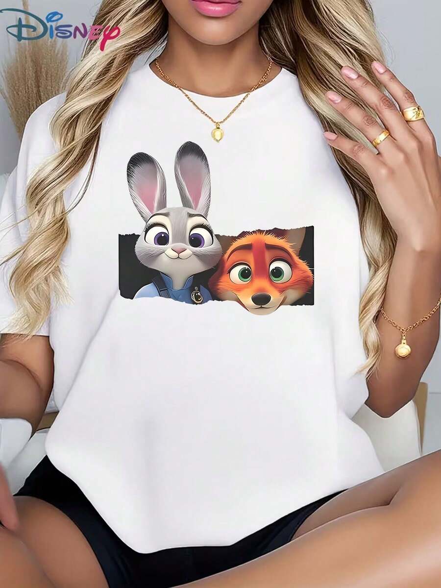 The Disney Zootopia Graphic Print Ladies Regular Fit Short Sleeve Round Neck Cotton T-Shirt Is Perfect For Taking Photos At Disneyland, As A Travel Souvenir, For Everyday Casual Wear, Or For Matching Family Outfits. It's Also An Ideal Valentine's Day Gift For Friends And Family. Women's Clothing, New Spring Style, Comfortable And Skin-Friendly, Suitable For Outdoor Wear. - White - View 1