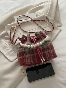 Dedoo 女士极简主义链条肩带格子斜挎包 - 紅色 - 查看 9