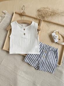 Set de 2 piezas de chaleco de algodón informal + pantalones cortos a rayas para bebés niños, verano - Blanco - Ver 4