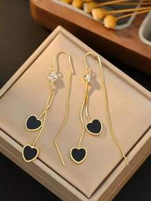 1对经典百搭时尚新款黑色心形流苏耳环，优雅奢华耳环，百搭耳环 - 彩色 - 查看 6