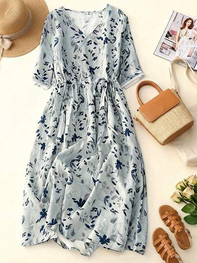 Vestido de verano elegante para mujer con estampado floral, cintura suelta y cordón para casual y vacaciones