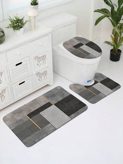 1pc/3pcs Geometric Pattern Flannel Printed Bath Mat, Modern Flannel Rectangular Washable Rug, Soft Absorbent Thickened Mat, Foldable Easy Care Mat, Suitable For Bathroom, Shower Area, Vanity, Living Room, Entrance, Home Use, Bathroom Decor Carpet, Multi-Purpose Mat, All Season Durable Mat