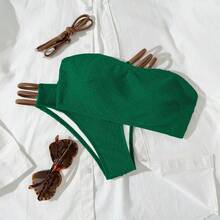Luxury Jade Green Crinkle Texture Strapless High Waist Tropical Vacation Bikini Set Beach - Green - View 2