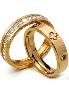 2pcs Minimalist Titanium Steel Four-Leaf Clover Inlaid Diamond Rings, Fashionable Versatile Unisex Daily Wear Gift - Four-leaf Clover Set Gold - View 4