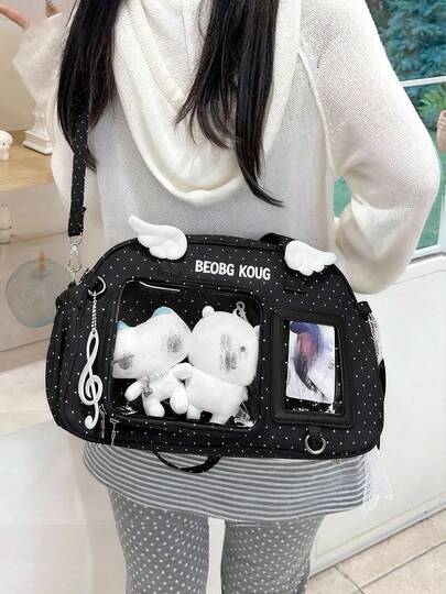 1个时尚休闲波点尼龙轻便防水大容量透明证件单肩包，适合女性外出、通勤、聚会、节日礼物，日系风格