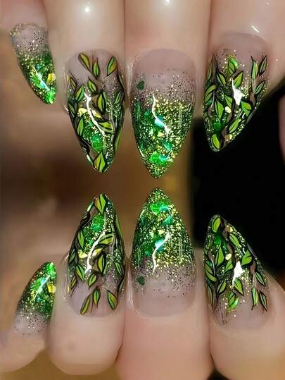 24pcs Medium Almond-Shaped False Nails, Green Plant Gradient Fashionable Ins-Style Wearable Nails, Full Coverage And Removable, Women's Nail Set, Suitable For Parties, Dancing, And Daily Wear