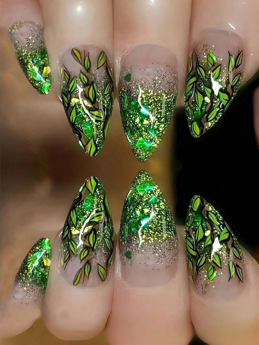 24pcs Medium Almond-Shaped False Nails, Green Plant Gradient Fashionable Ins-Style Wearable Nails, Full Coverage And Removable, Women's Nail Set, Suitable For Parties, Dancing, And Daily Wear - Green - View 1