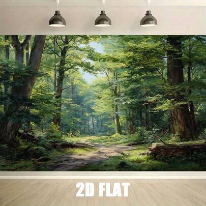 1 pieza Pancarta plana 2D, Fondo de pantalla de camino forestal - Paisaje decorativo con árboles iluminados por el sol, sin necesidad de electricidad, fácil de colgar con tiras autoadhesivas, adecuado para fiestas, hogar
