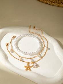 imoli Set de 3 piezas de tobillera con estilo bohemio de metal con forma de estrella de mar, concha marina y perla, regalo perfecto para usar en la playa para mujeres - 30838-ank-G-1-EP - Ver 6
