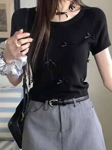 Women's Casual Minimalist Knit Short Sleeve Top Black - Black - View 5