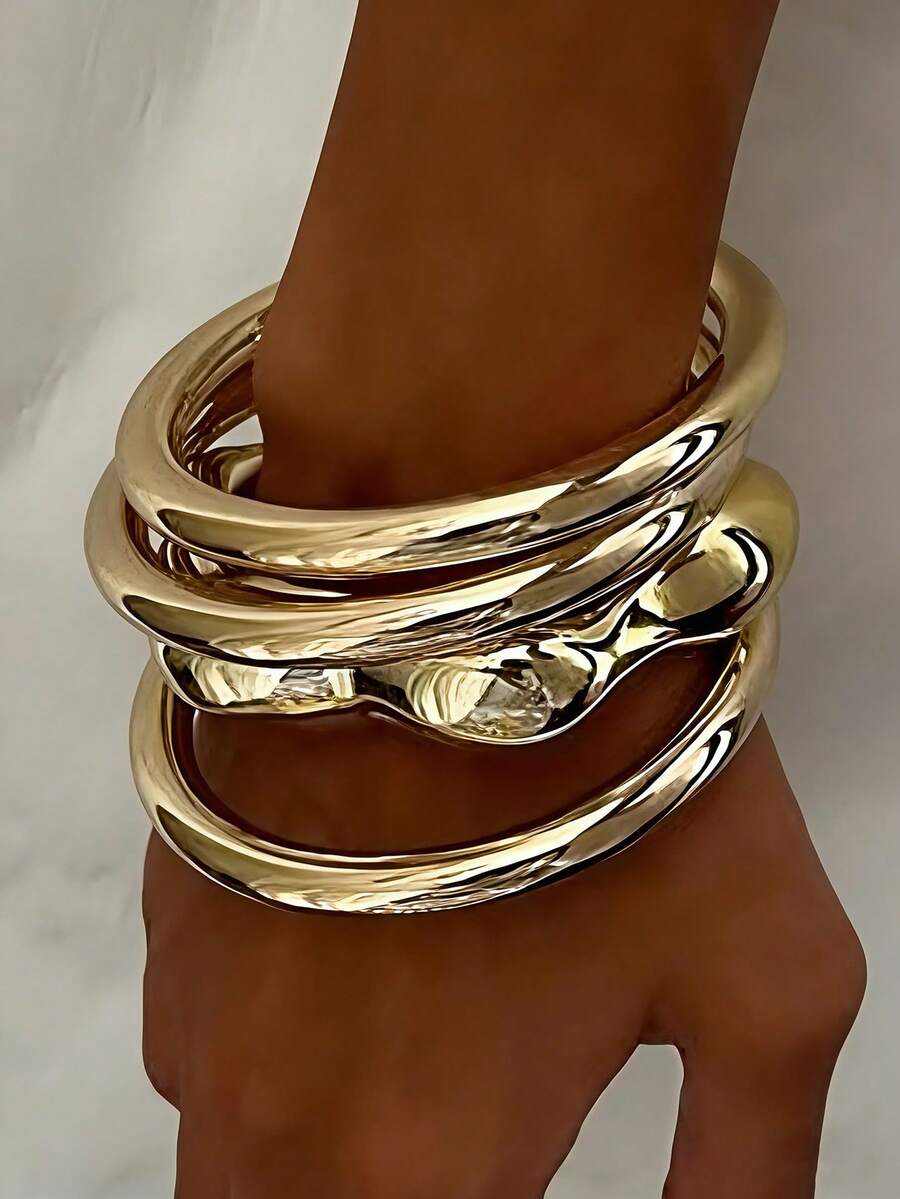 4pcs/Set Vintage Elegant Gothic Style Women's Gold-Color CCB Plain Bangle Bracelet, Suitable For Daily, Party, Date, Holiday, Wedding, Can Be Stacked, Gift For Holidays - Gold - View 1