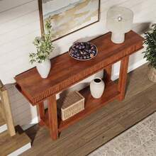 Mesa consola estrecha de estilo granja para comedor, Diseño de dos niveles con estante de almacenamiento, para entrada, pasillo o detrás del sofá - De color marrón rojizo - Ver 3